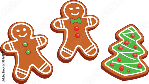 Three 3 d gingerbread cookies with glossy red and green icing