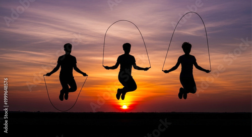 Silhouetted Figures Skipping Rope Against a Vibrant Sunset.
