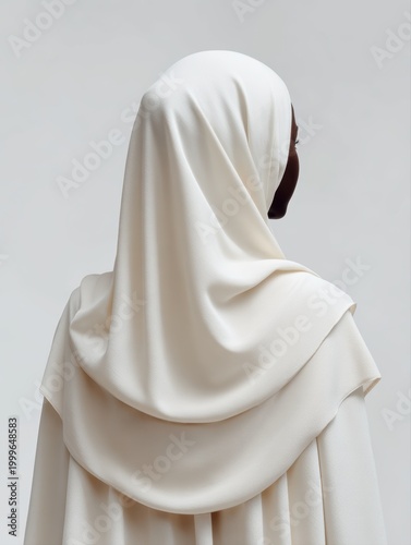 Blank layered hijab fashion worn mockup, elegant modest style draping with soft fabric flow, back view studio portrait, clean white background, high-end fashion editorial photography