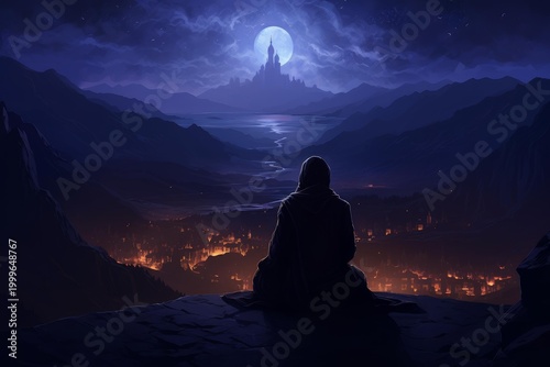 Person observing mystical scene with full moon, castle, river, and illuminated town from mountain peak