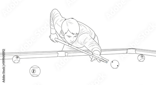 Sketch of a focused pool player aiming with cue stick.
