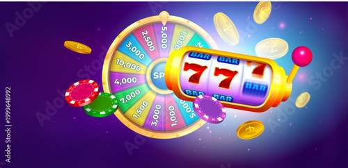 Slot Machine with Lucky Sevens. Casino Gaming Wheel of Fortune with Poker Chips and Gold Coins