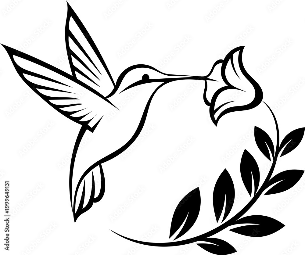 Fototapeta premium Elegant hummingbird sipping nectar from flower black and white illustration icon design