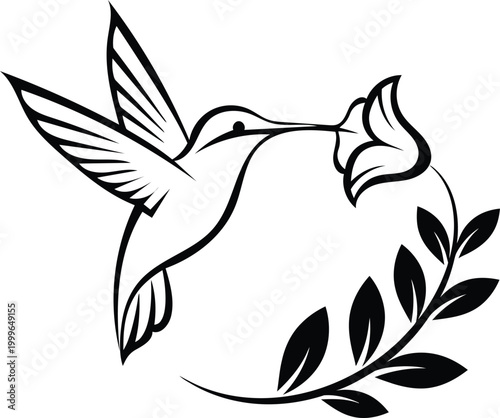 Elegant hummingbird sipping nectar from flower black and white illustration icon design