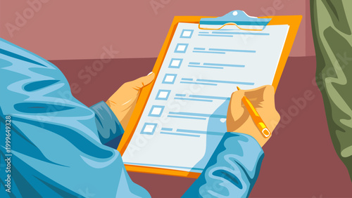 Close up of businessman writing on a to-do list. Concept for quality control, survey, planning, audit, productivity, and completing business objectives.