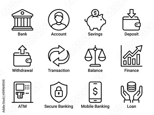 Black line icons of banking and finance concepts