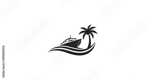 Black boat sailing under palm tree.