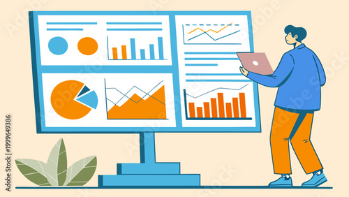 Man using laptop to analyze financial charts and graphs on a large monitor. Concept for data science, market research, business intelligence, and statistics visualization.