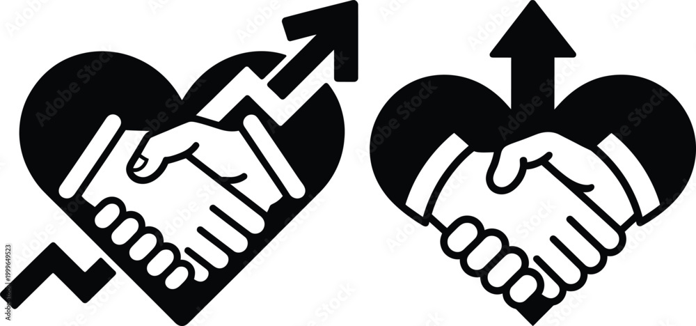 Obraz premium Two vector illustrations of a handshake within a heart shape symbolizing partnership and growth with black and white handshake partnership business