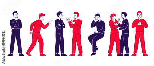 People interacting with emotions, diverse body language and conflict communication set. Flat vector illustration of human behavior, stress, debate, disagreement, discussion and interpersonal relations