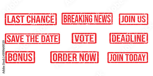 Red Grunge Rubber Stamp Mega Set - Breaking News, Last Chance, Limited Stock, Order Now, and Discount Stamps Vector Illustration for Business and Marketing