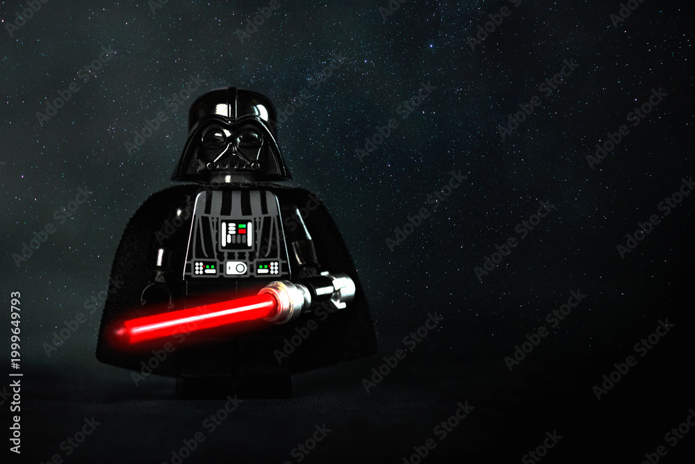Fototapeta premium Lego Star Wars Darth Vader and space for text. Illustrative editorial