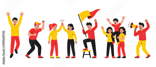 Group of Happy People Celebrating Victory, Cheering Fans with Flag and Megaphone, Diverse Excited Characters Having Fun, Success and Teamwork Concept Illustration for Events and Sports Achievement