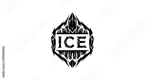 Stylized ICE text within a jagged ice-like frame black and white graphic design.