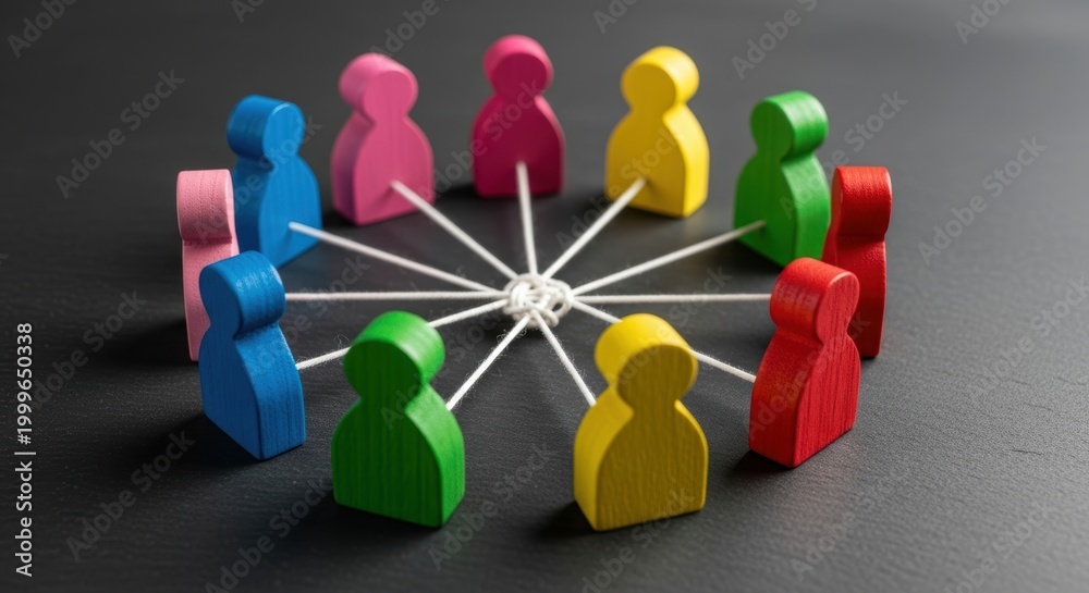 Obraz premium colorful wooden figures in circle tied to central knot on dark desk, diverse teamwork, global networking, unity, community, collaboration, business connection, social network, group
