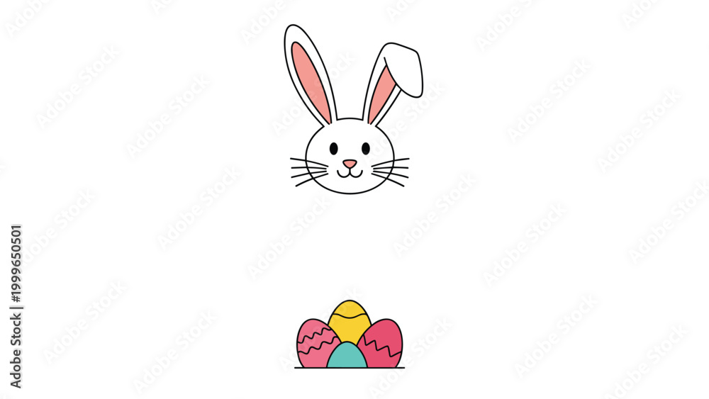 Fototapeta premium Minimalist line drawing of a rabbit head peering over a stack of three colorful and patterned easter eggs for spring holiday.