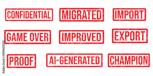 Red Grunge Rubber Stamp Set for Technology and Logistics - AI-Generated, Confidential, Import, Export, and Champion Stamps Vector Illustration