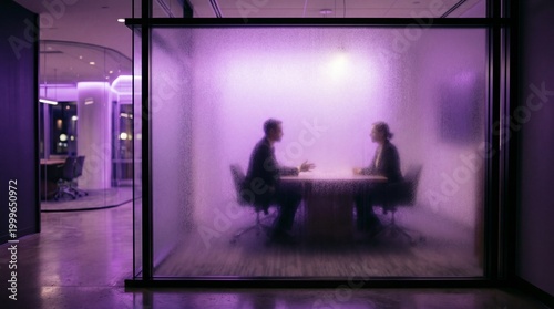 Business meeting silhouettes behind frosted glass in purple office