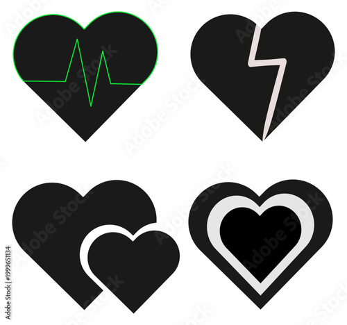 Heart Icons Set with Love, Pulse, Broken Heart and Relationship Symbols
