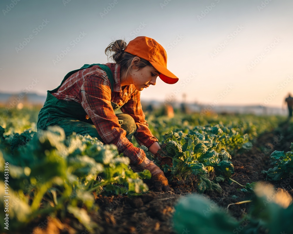 Fototapeta premium Young farmer kneeling amidst lush greenery, a symbol of growth and dedication, bathed in the soft light of a tranquil evening landscape.
