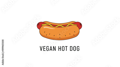 Food illustration of a vegan hot dog in a soft bun topped with a squiggly line of yellow mustard and descriptive text written at the bottom.