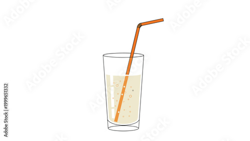 Refreshing beverage illustration features a glass of bubbly soda or lemonade with an orange striped straw on a plain white background.