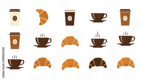Large collection of varied icons including coffee cups, mugs, and croissants in different colors and styles for cafe and bakery branding.