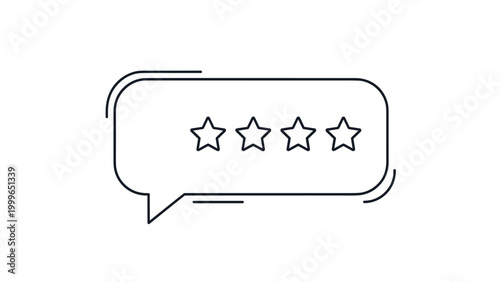 Digital interface icon shows a white speech bubble with four black stars inside representing a high quality user rating or feedback review.