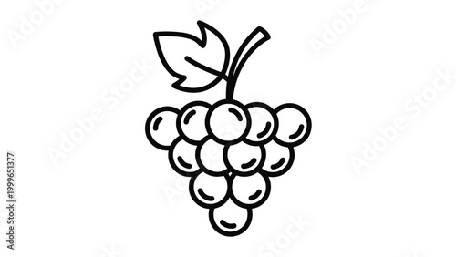 Simple black and white line art illustration of a bunch of grapes with a single leaf and stem perfect for fruit and vineyard themes.
