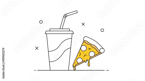 Classic fast food combination illustration shows a line drawing of a takeaway soda cup with a straw next to a delicious slice of pepperoni pizza.