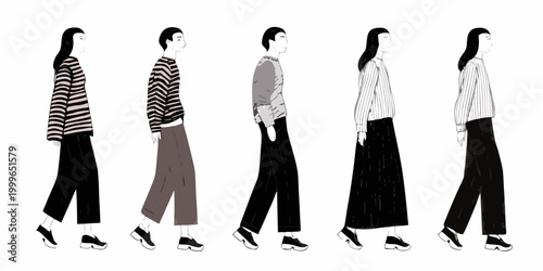 five people wearing textured outfits standing side by side