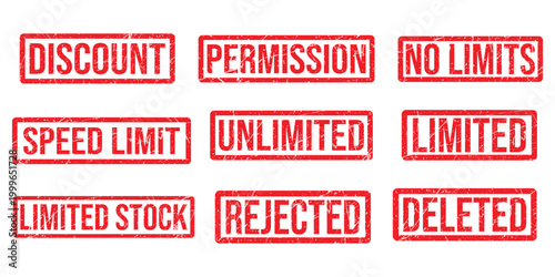 Red Grunge Rubber Stamp Collection Set with Business and Inventory Text - Discount, Limited Stock, Rejected, Deleted, and Permission Stamps