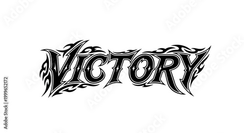 Victory text with flame design.