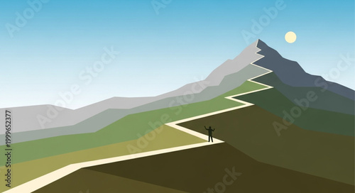Solitary Figure on Winding Mountain Path - A Journey to the Summit.