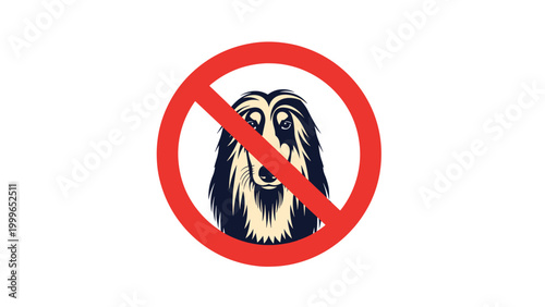 Red prohibition circle with a diagonal slash is placed over a detailed portrait of an Afghan hound to indicate dogs are banned.