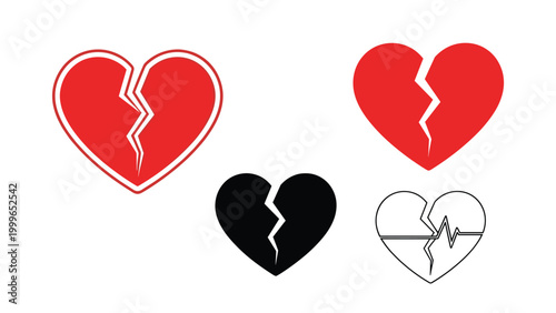 Multiple styles of broken heart icons including solid red and black versions for sadness and relationship breakup themes.