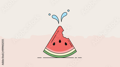Slice of watermelon with a bite taken out and water splashes above it on a soft pink background for summer food themes.