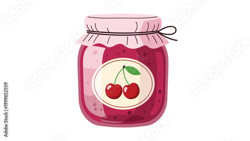 Glass jar filled with cherry jam featuring a pink paper cover and a label with cherry illustration for food pantry concepts.