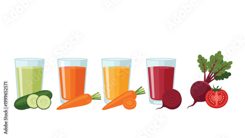 Assortment of fresh vegetable juices in glasses with whole cucumbers, carrots, and beets for healthy lifestyle graphics.