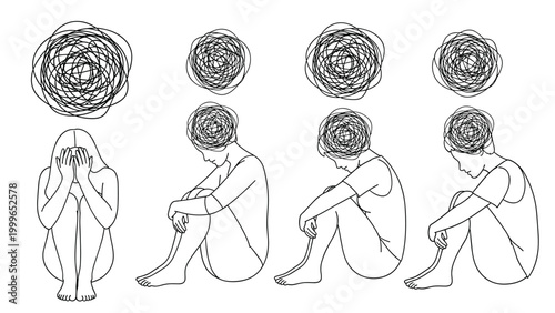 Line art sketches showing different poses of a person struggling with stress, anxiety, and mental health challenges.