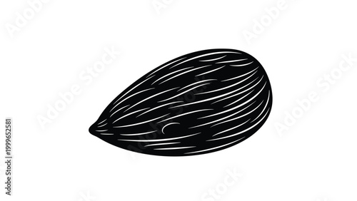 Stylized silhouette of an almond nut with detailed texture lines for health food and nut production business logos.