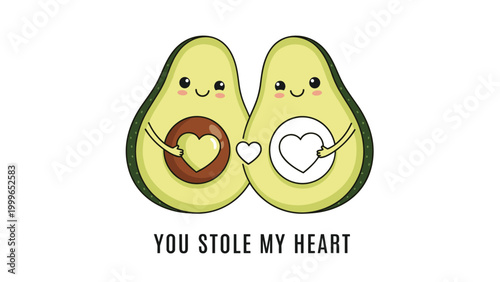 Two cute avocado characters holding hands with a heart between them for romantic food puns and couple illustrations.