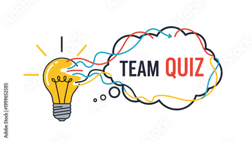 Team Quiz text in a thought bubble connected to a glowing lightbulb for creative brainstorming and competition concepts.