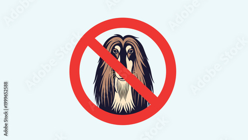 Red prohibition sign over a dog's head to indicate that pets are not allowed in a specific area or establishment.