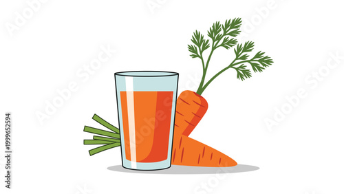 Full glass of bright orange carrot juice sits in front of two whole carrots with green stems on a clean and white background.