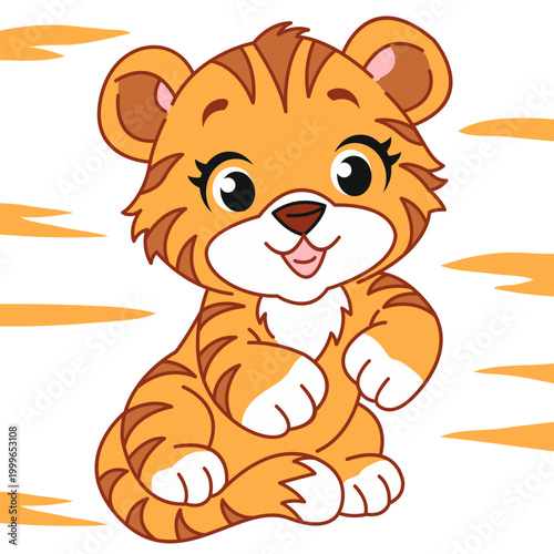 vector illustration cute character tiger animal, drawing with outline in children's style