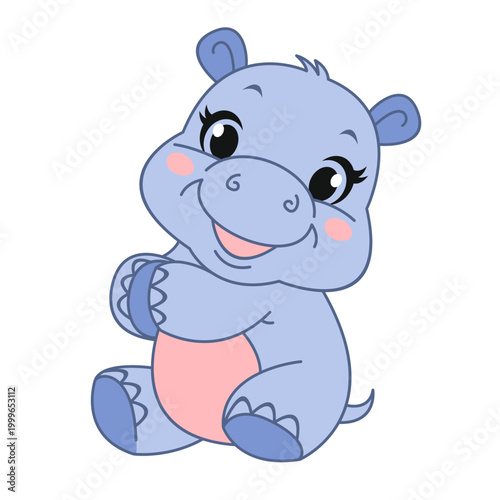 vector illustration cute character hippo animal, drawing with outline in children's style