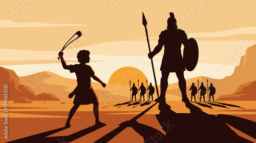 The young boy David holds his sling bravely facing the massive giant warrior Goliath in a dramatic ancient desert battlefield at sunset with armies watching in the distance