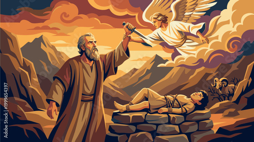 An angel from heaven descends to stop Abraham from sacrificing his bound son Isaac on a stone altar with a ram caught in the rocky mountain background landscape
