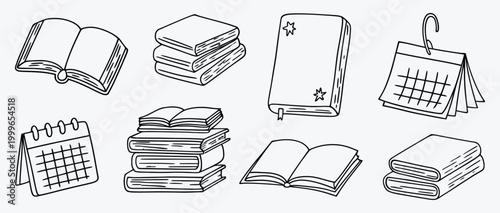 Hand Drawn Books and Calendars Line Art Doodle Set  Vector illustration